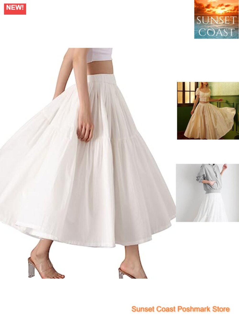 100% Cotton Maxi Skirt Elastic Waist Two Side Pockets Pleated Casual
